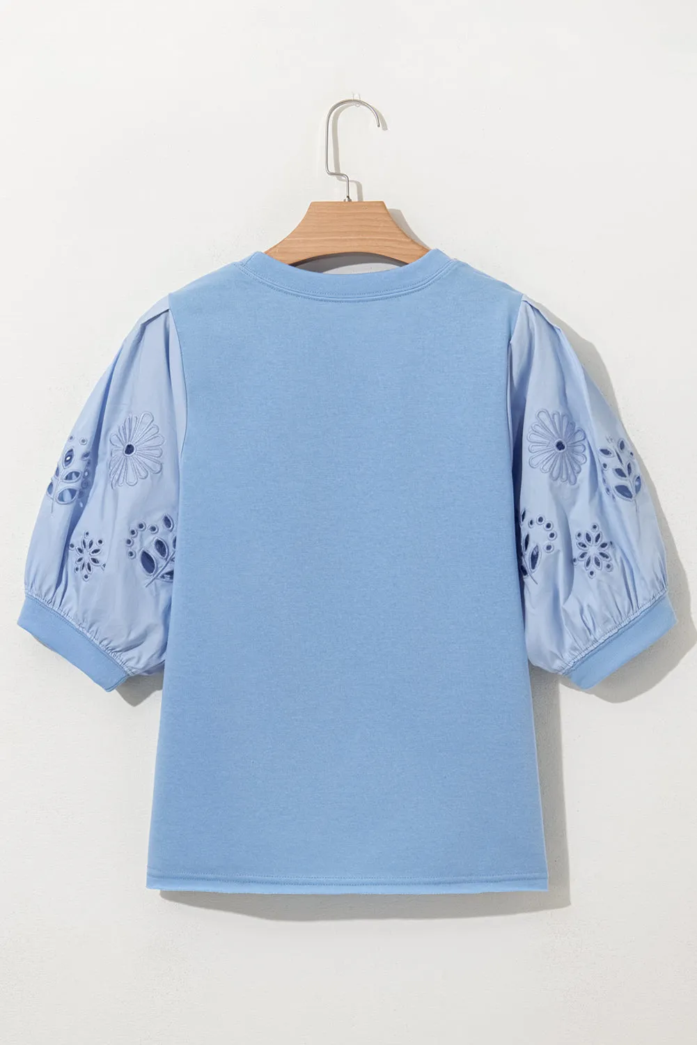 Beau Blue Eyelet Flower Embroidered Puff Short Sleeve Patchwork Crew Neck Blouse