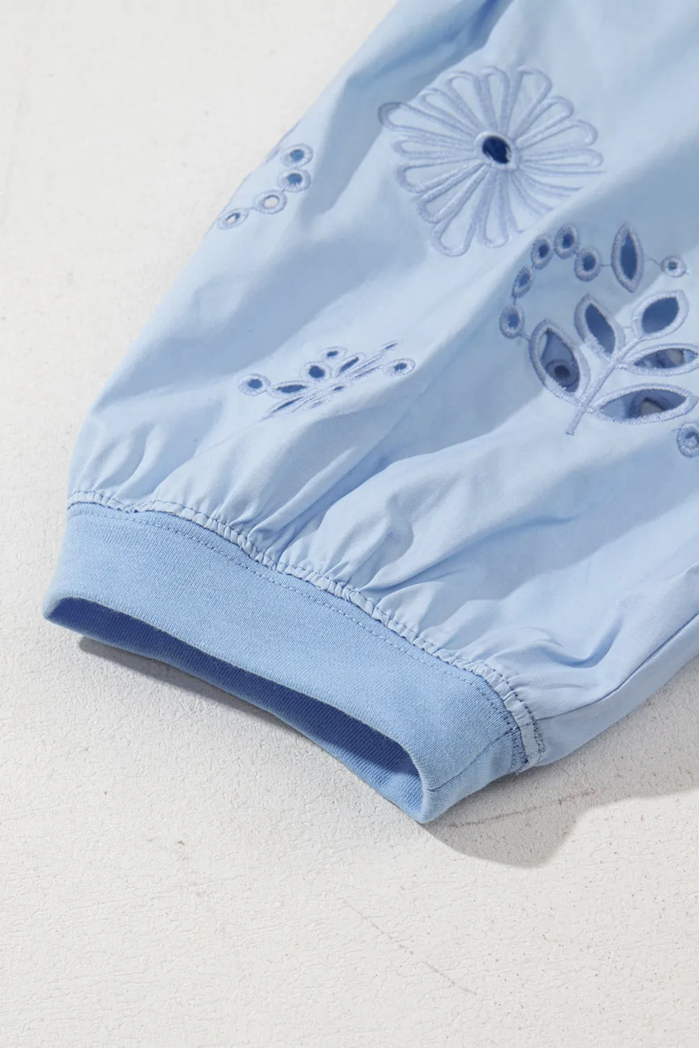 Beau Blue Eyelet Flower Embroidered Puff Short Sleeve Patchwork Crew Neck Blouse