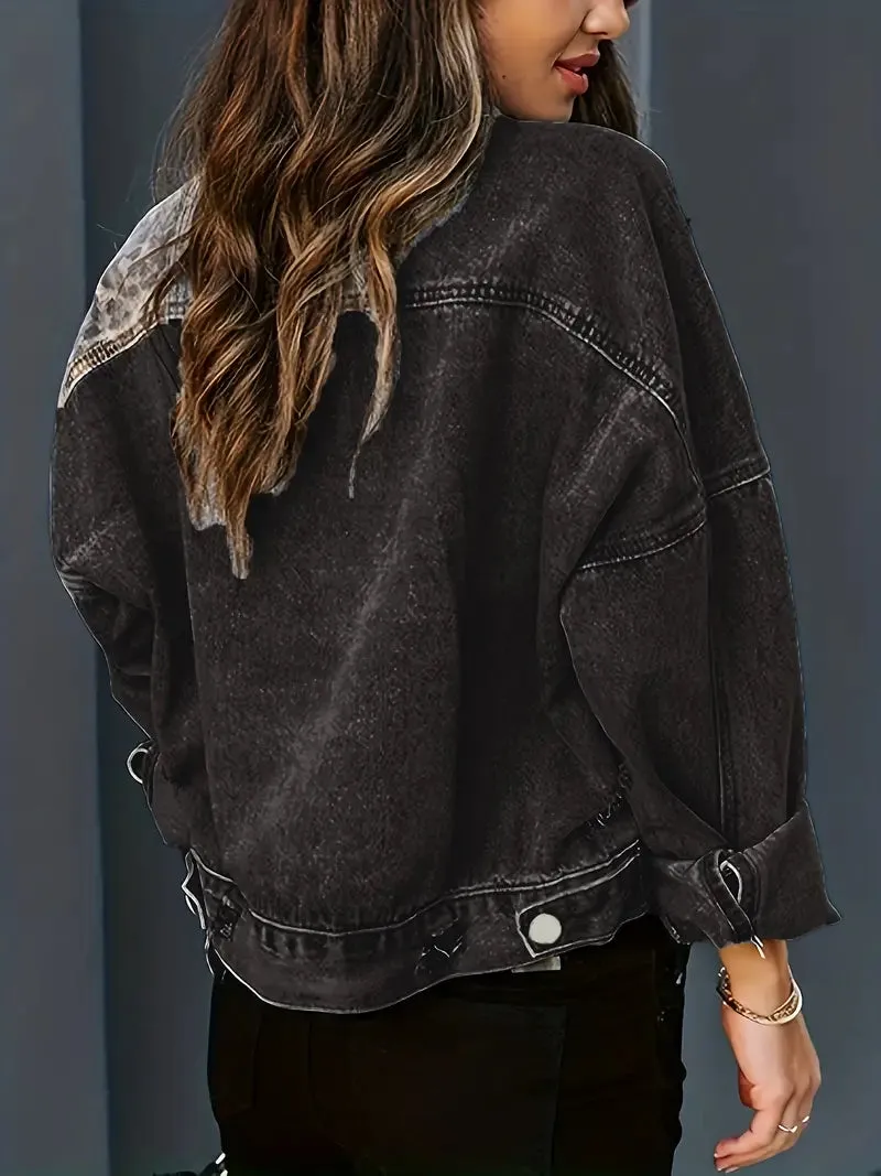 Berneen - Wilde chique denim jas met lange mouwen en luipaardprint