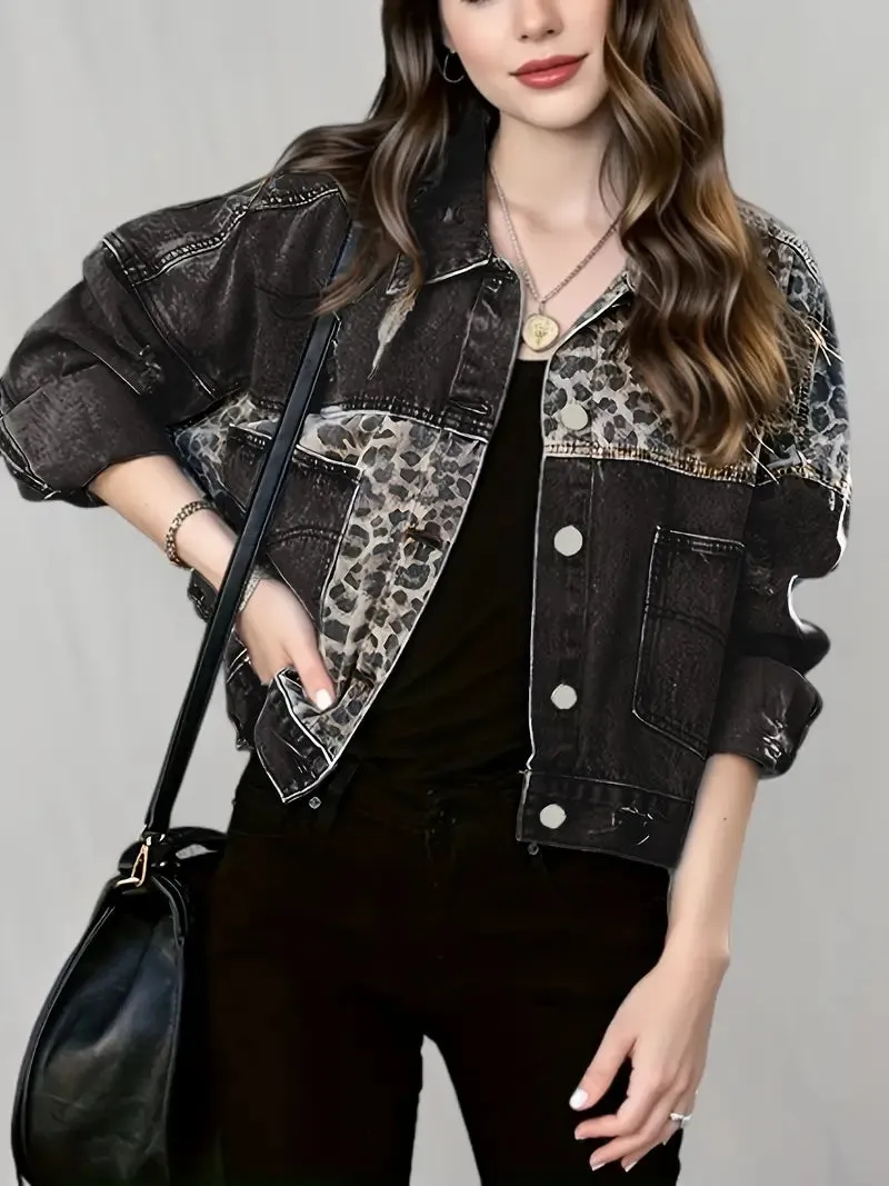 Berneen - Wilde chique denim jas met lange mouwen en luipaardprint