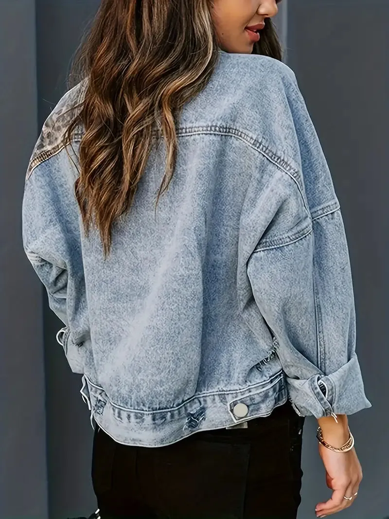 Berneen - Wilde chique denim jas met lange mouwen en luipaardprint