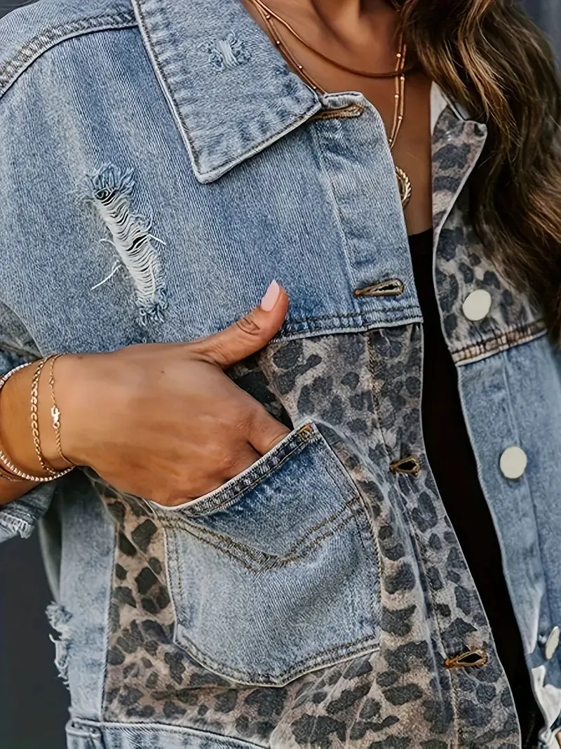Berneen - Wilde chique denim jas met lange mouwen en luipaardprint