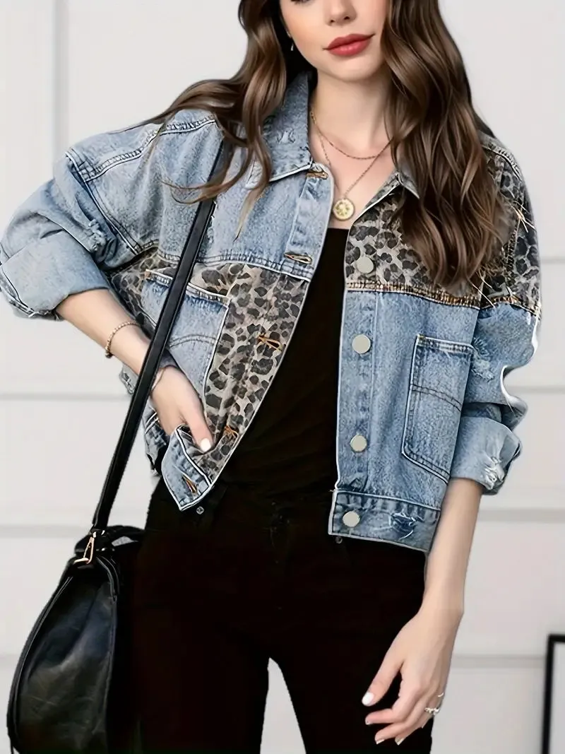 Berneen - Wilde chique denim jas met lange mouwen en luipaardprint