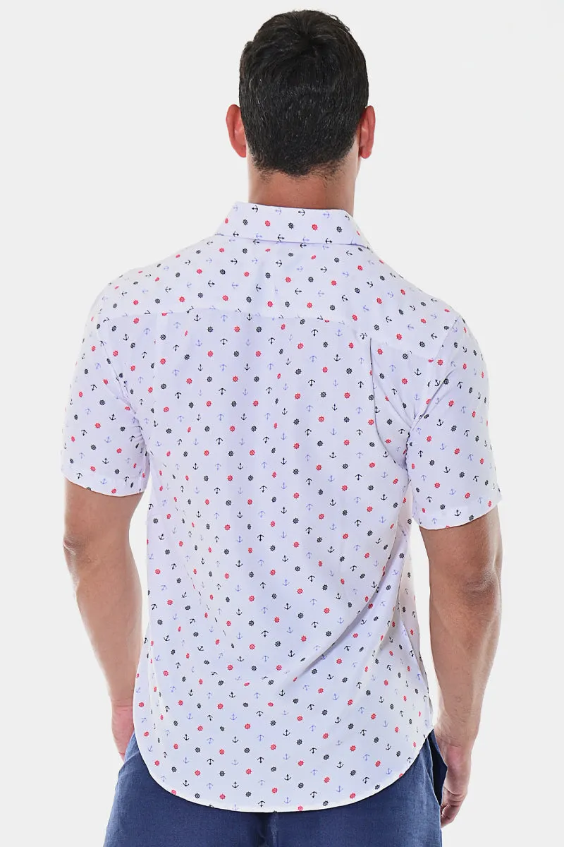 Bohio Casual Short Sleeve Button Down Shirt Nautical Helm and Anchor Design- White/Red- MCS1957