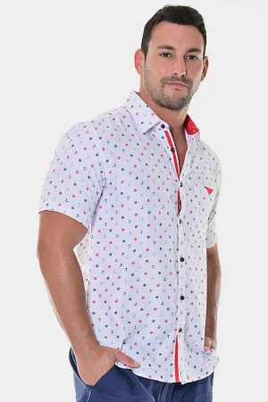Bohio Casual Short Sleeve Button Down Shirt Nautical Helm and Anchor Design- White/Red- MCS1957