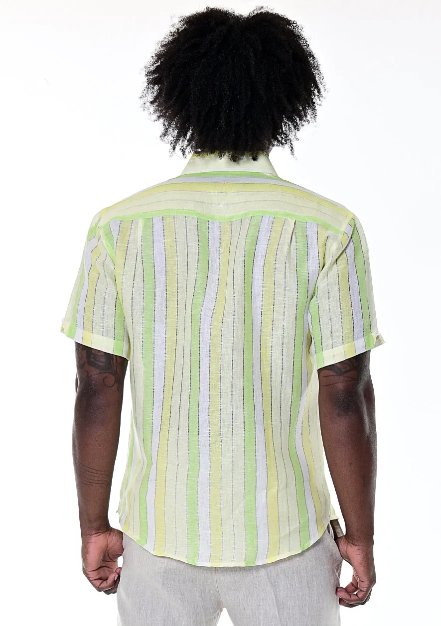 Bohio Men's 100% Linen Casual Short Sleeve Stripe Shirt in (3) Pastel Colors-MLS266