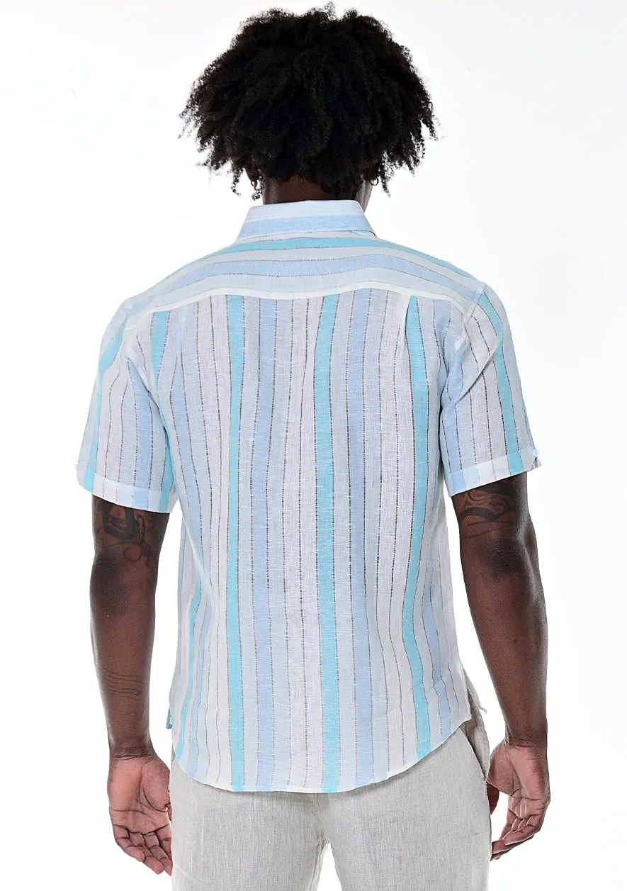 Bohio Men's 100% Linen Casual Short Sleeve Stripe Shirt in (3) Pastel Colors-MLS266