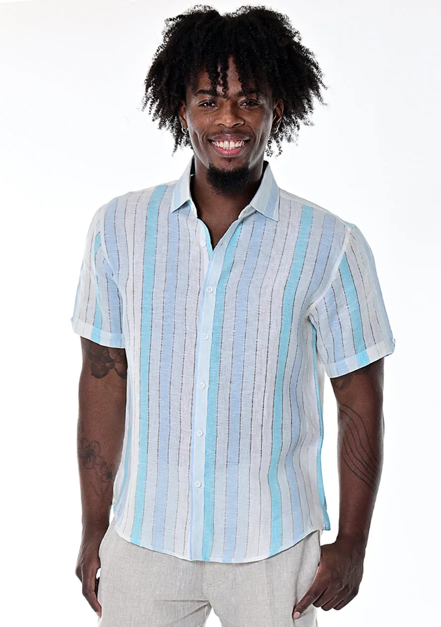 Bohio Men's 100% Linen Casual Short Sleeve Stripe Shirt in (3) Pastel Colors-MLS266