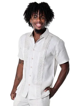 Bohio Men's 100% Linen Guayabera Inspired Embroidered (2) Panel Short Sleeve Shirt in (2) Colors-MLS1690