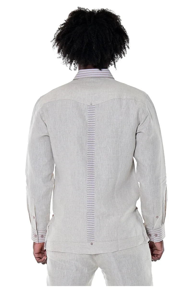 Bohio Men's 100% Linen Guayabera Inspired Long Sleeve Fancy Shirt w/Striped Pin-Tucked Panels in (3) Colors MLG1418
