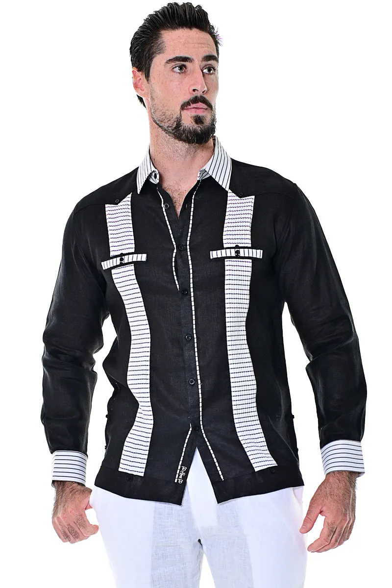 Bohio Men's 100% Linen Guayabera Inspired Long Sleeve Fancy Shirt w/Striped Pin-Tucked Panels in (3) Colors MLG1418
