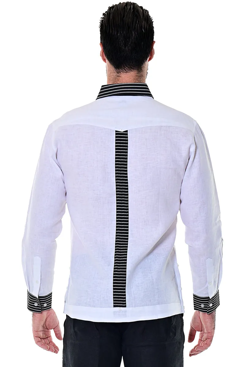 Bohio Men's 100% Linen Guayabera Inspired Long Sleeve Fancy Shirt w/Striped Pin-Tucked Panels in (3) Colors MLG1418