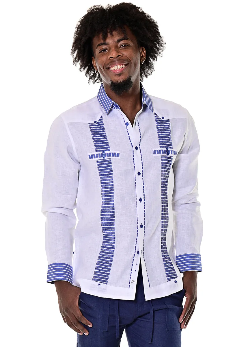 Bohio Men's 100% Linen Guayabera Inspired Long Sleeve Fancy Shirt w/Striped Pin-Tucked Panels in (3) Colors MLG1418