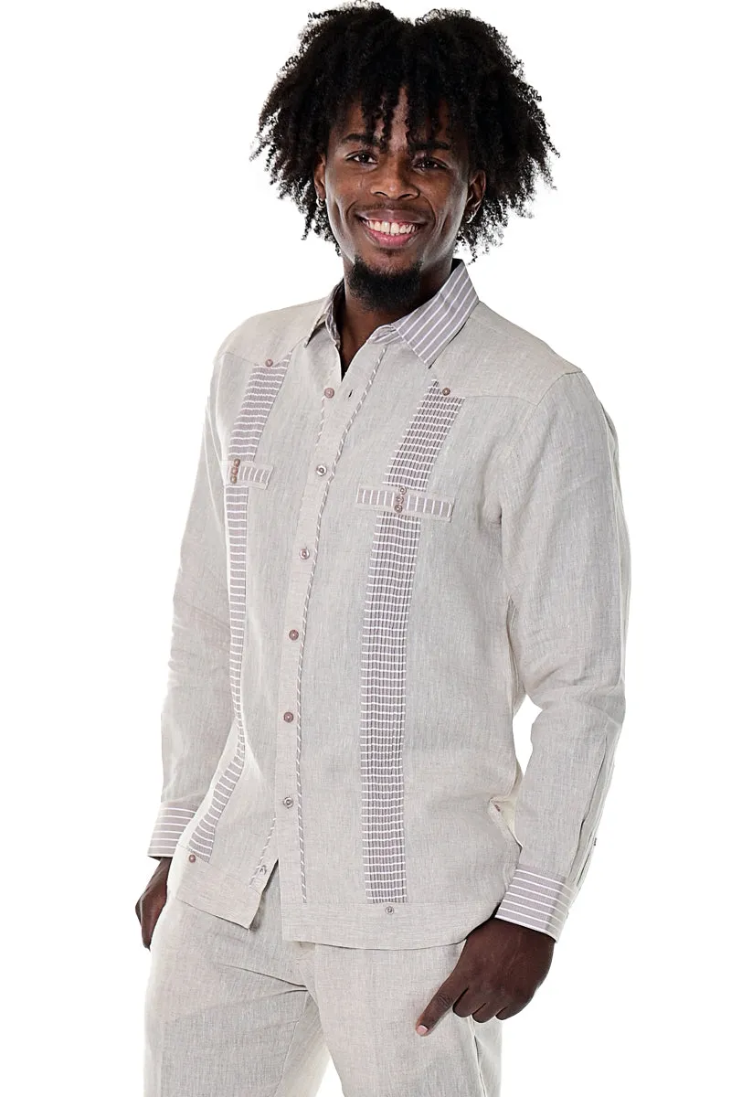 Bohio Men's 100% Linen Guayabera Inspired Long Sleeve Fancy Shirt w/Striped Pin-Tucked Panels in (3) Colors MLG1418