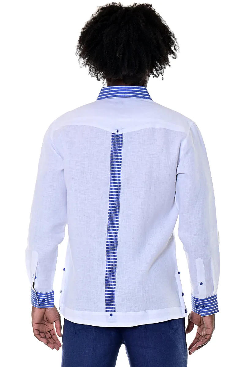 Bohio Men's 100% Linen Guayabera Inspired Long Sleeve Fancy Shirt w/Striped Pin-Tucked Panels in (3) Colors MLG1418