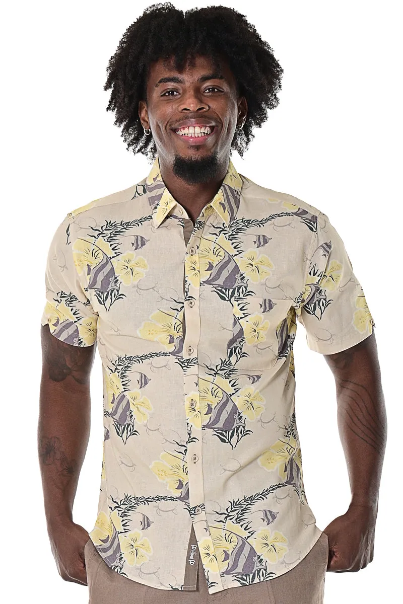 Bohio Men's Linen Button-Down Shirt w/Pocket Tropical Angel Fish Hibiscus Print Beige-MLSP1694