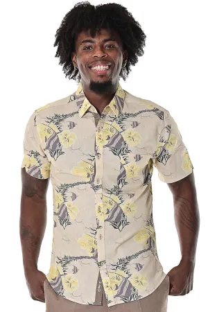 Bohio Men's Linen Button-Down Shirt w/Pocket Tropical Angel Fish Hibiscus Print Beige-MLSP1694