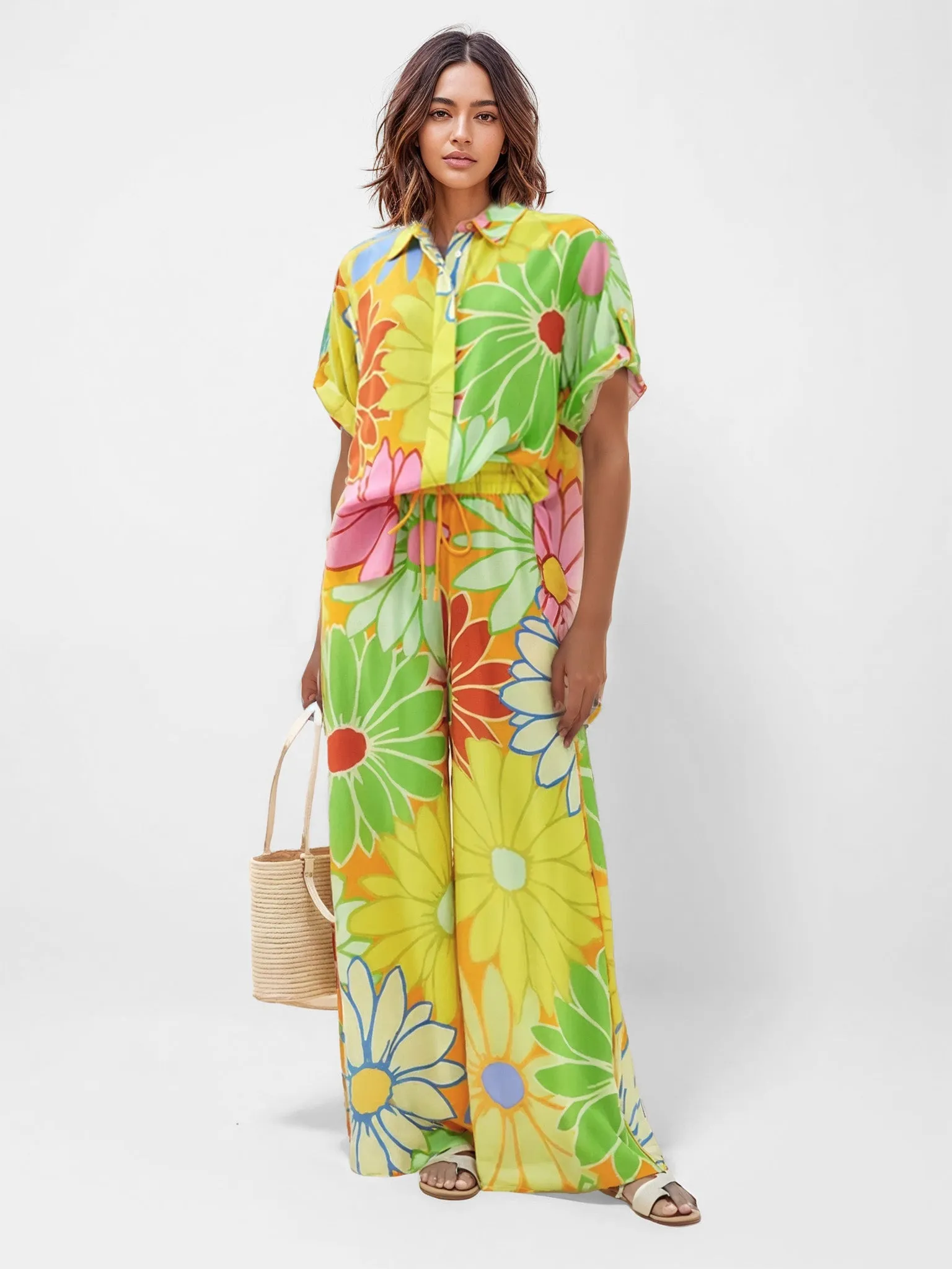 Bold Floral Print Wide-Leg Pants