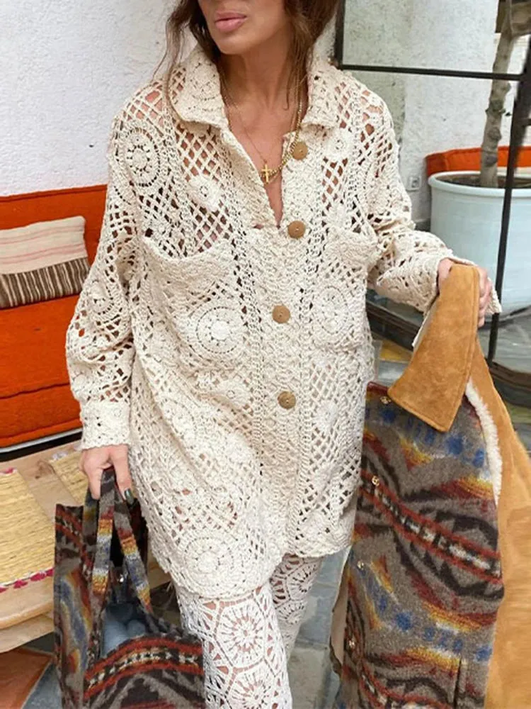 Casual Hollow Out  Loose Shirts For Women For Women Lapel Long Sleeve Patchwork Button Minimalist Cjic Blouses Female New