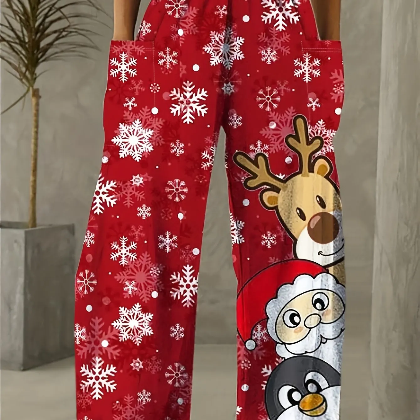 Cute Christmas Print Elastic Waist Pants, Casual Pants With Pocket For Fall & Winter, Women's Clothing