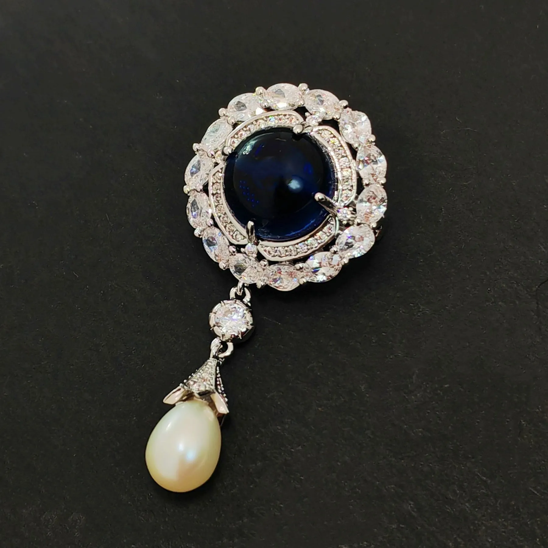 Delicate Blue Round Cabochon CZ & Pearl Drop Brooch, Luxury Queen Jewelry