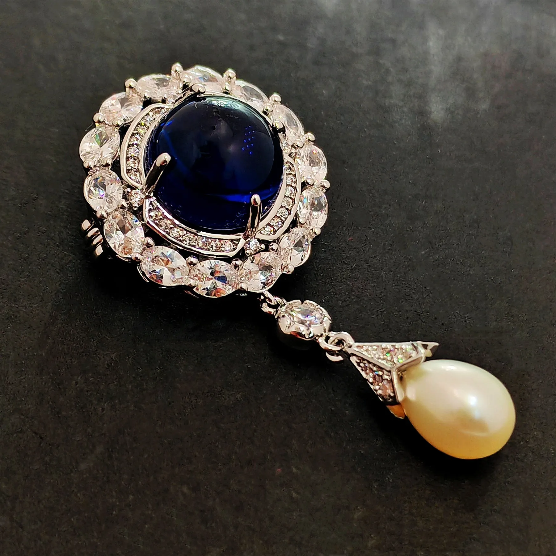 Delicate Blue Round Cabochon CZ & Pearl Drop Brooch, Luxury Queen Jewelry