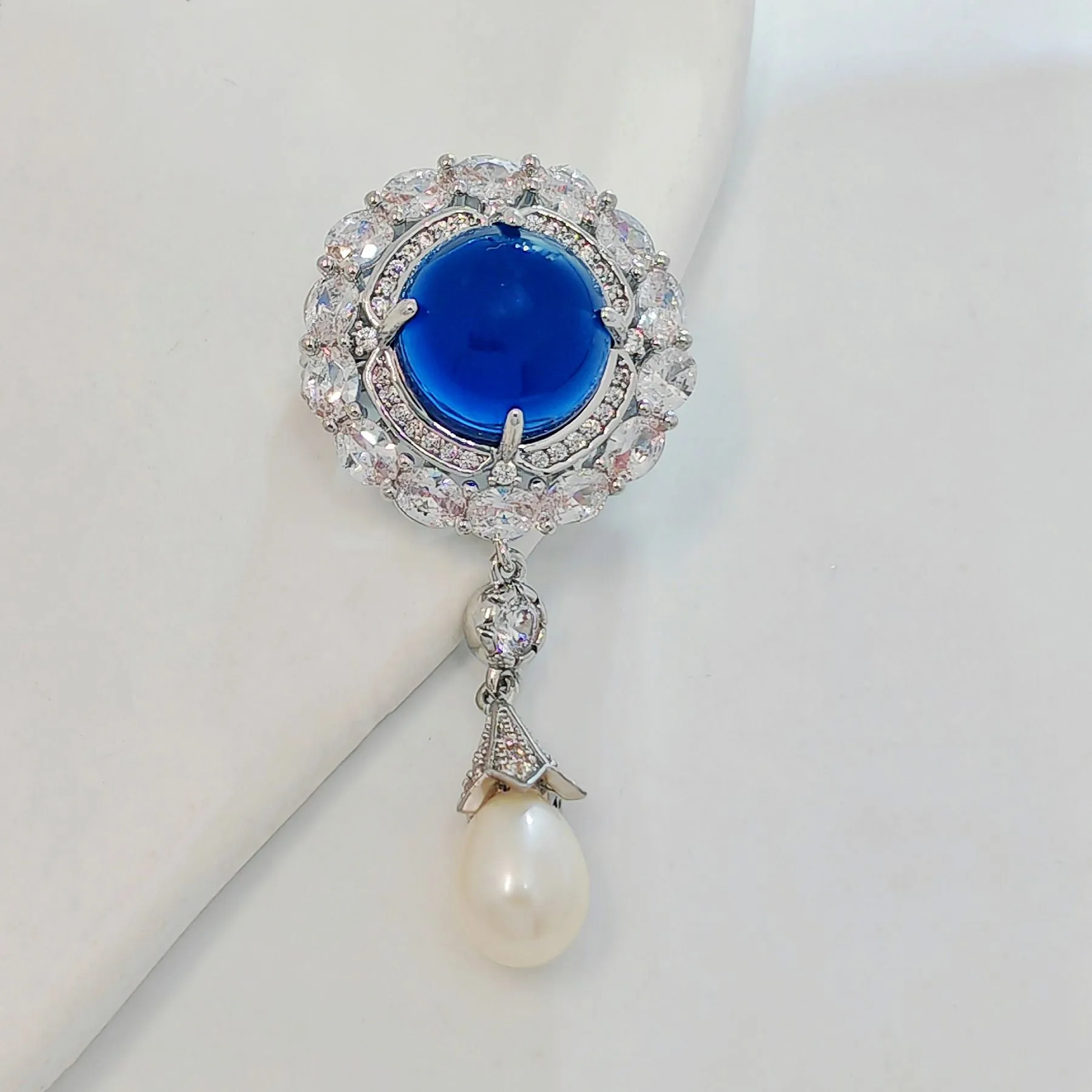 Delicate Blue Round Cabochon CZ & Pearl Drop Brooch, Luxury Queen Jewelry