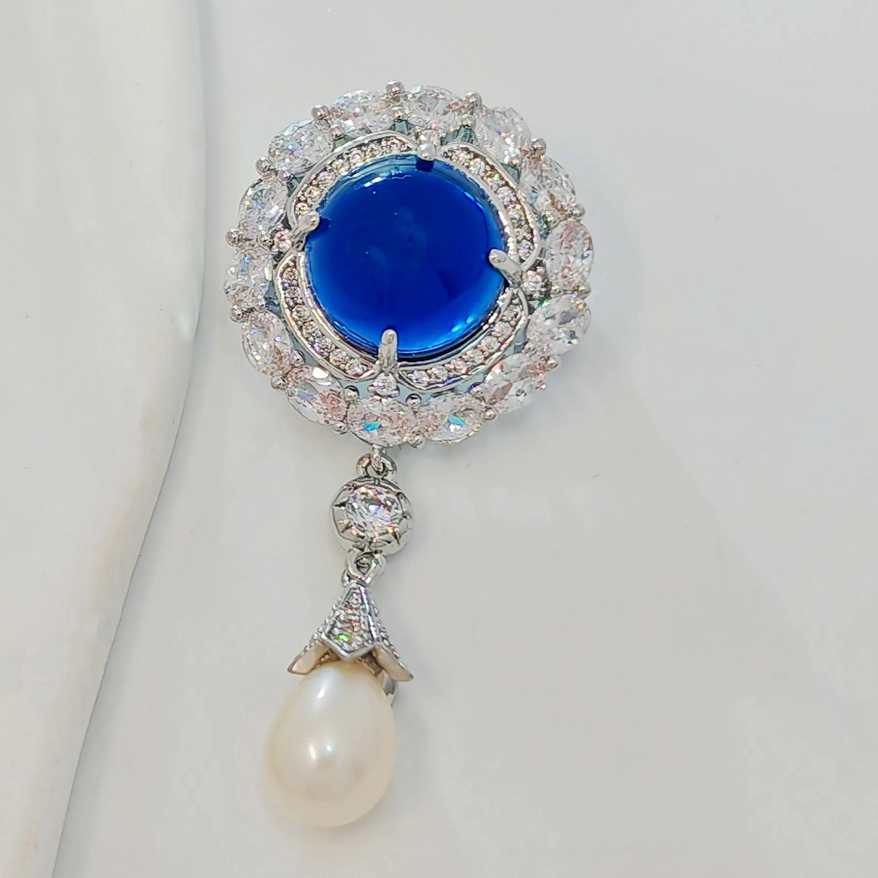 Delicate Blue Round Cabochon CZ & Pearl Drop Brooch, Luxury Queen Jewelry