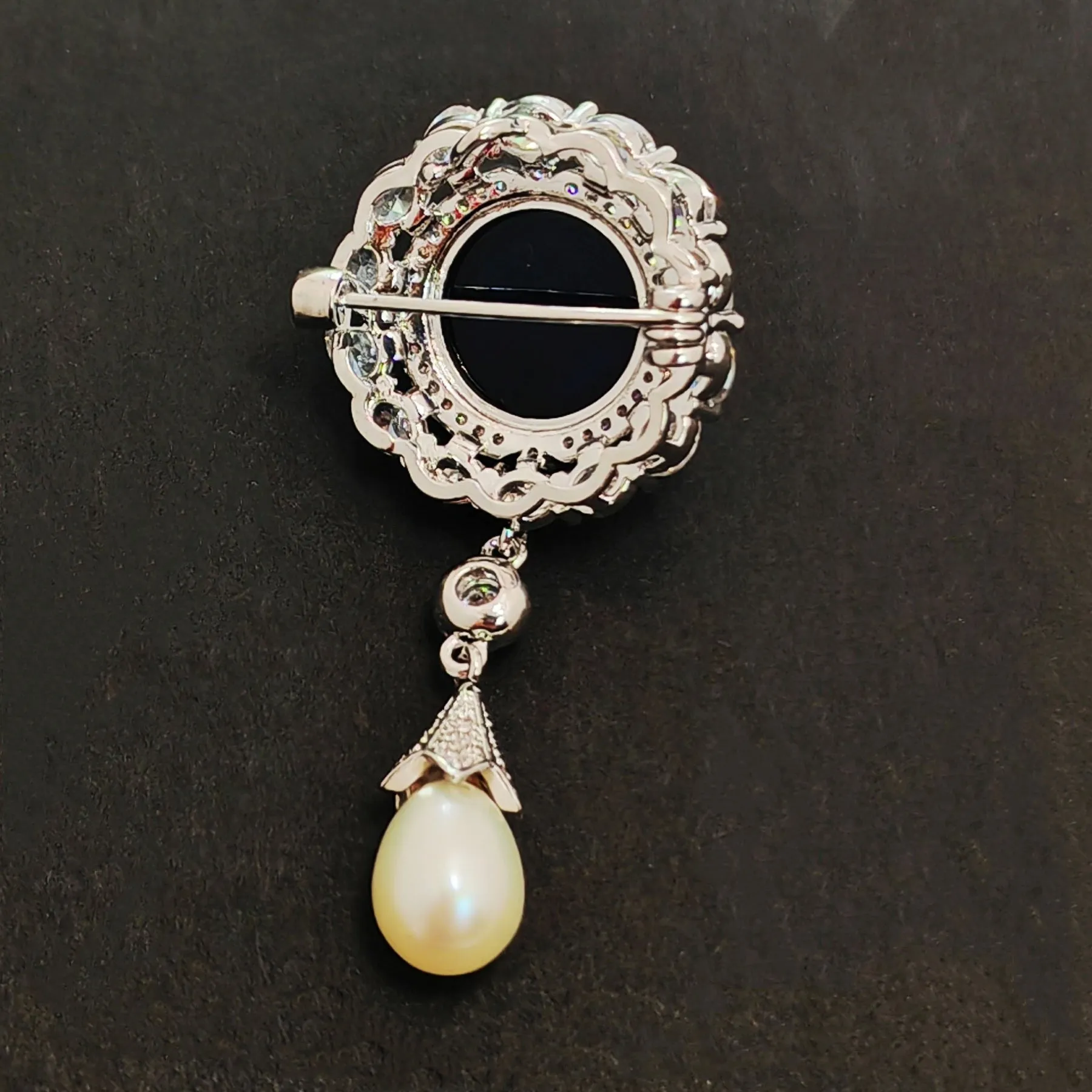 Delicate Blue Round Cabochon CZ & Pearl Drop Brooch, Luxury Queen Jewelry
