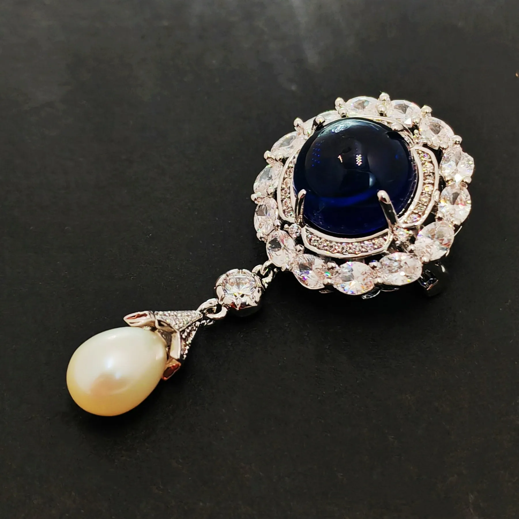 Delicate Blue Round Cabochon CZ & Pearl Drop Brooch, Luxury Queen Jewelry