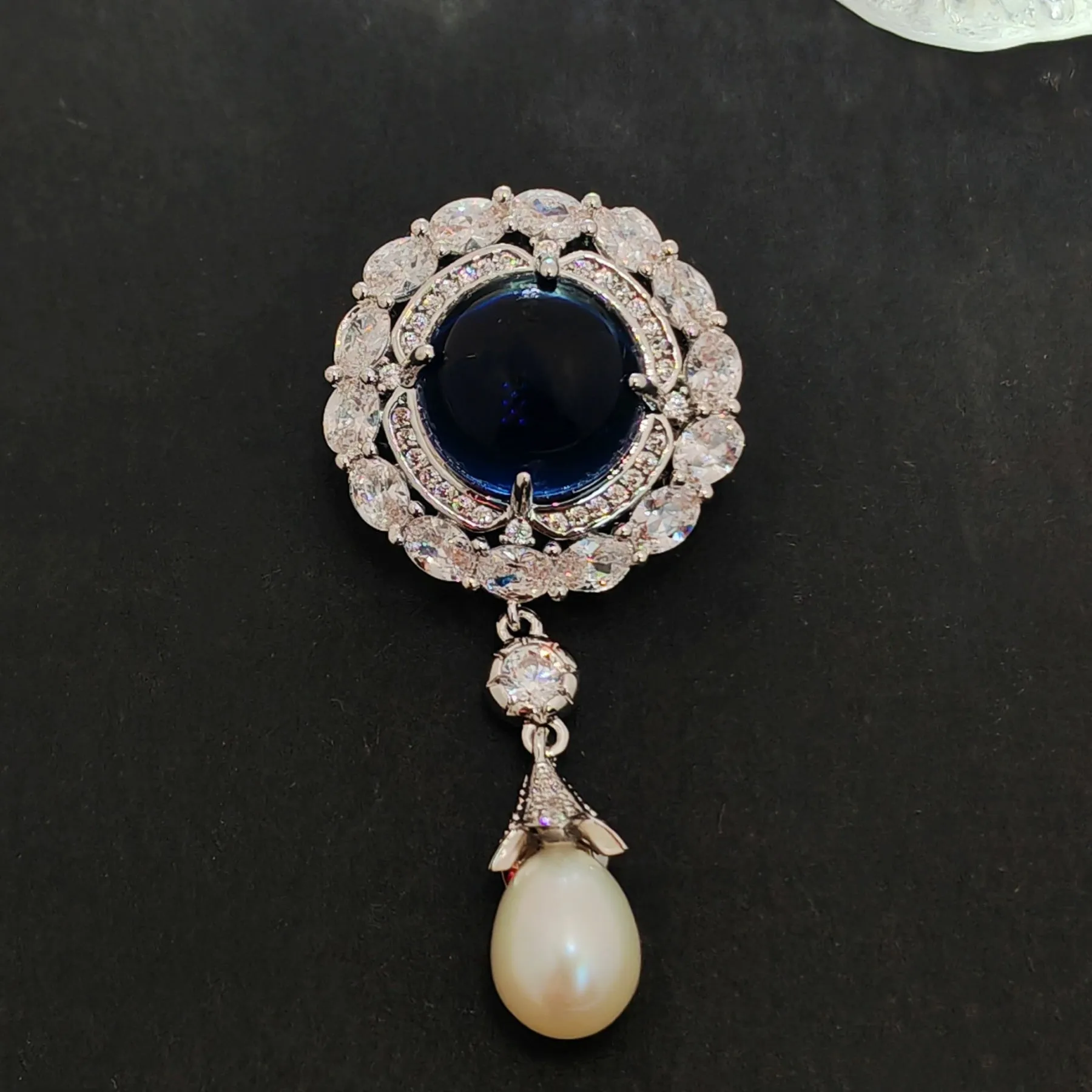 Delicate Blue Round Cabochon CZ & Pearl Drop Brooch, Luxury Queen Jewelry