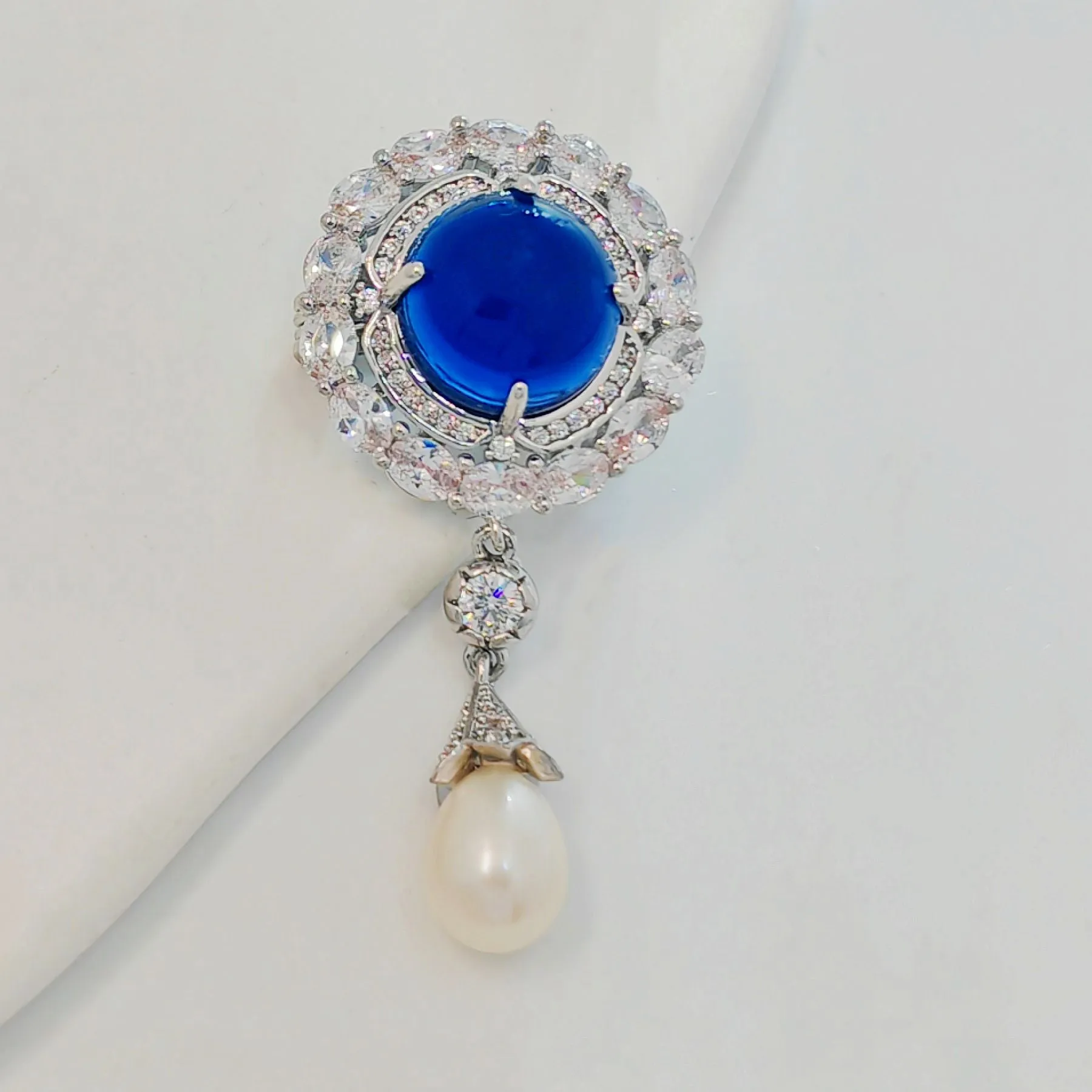 Delicate Blue Round Cabochon CZ & Pearl Drop Brooch, Luxury Queen Jewelry