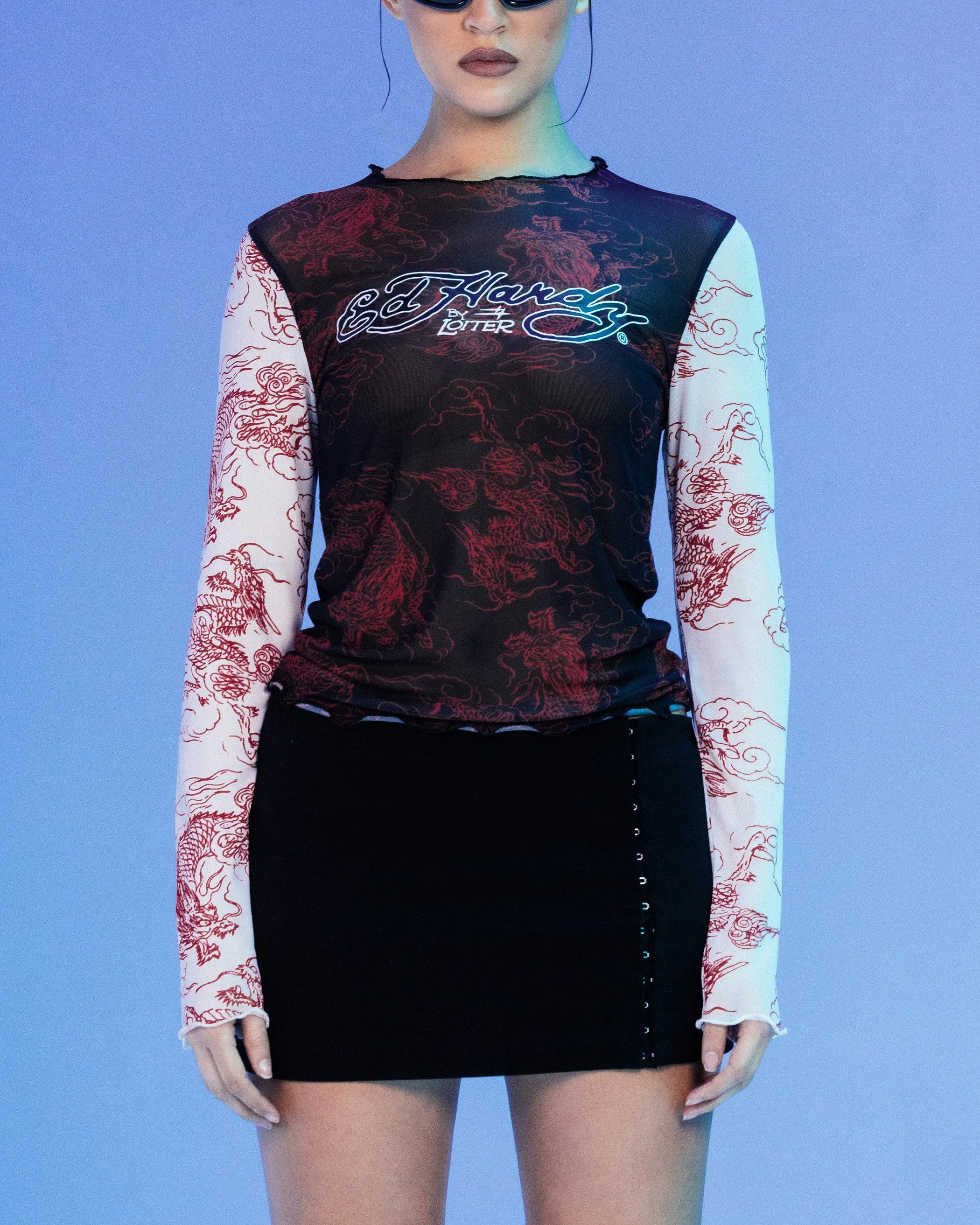 Ed Hardy By Loiter Women's Mesh Long Sleeve Top Black/White