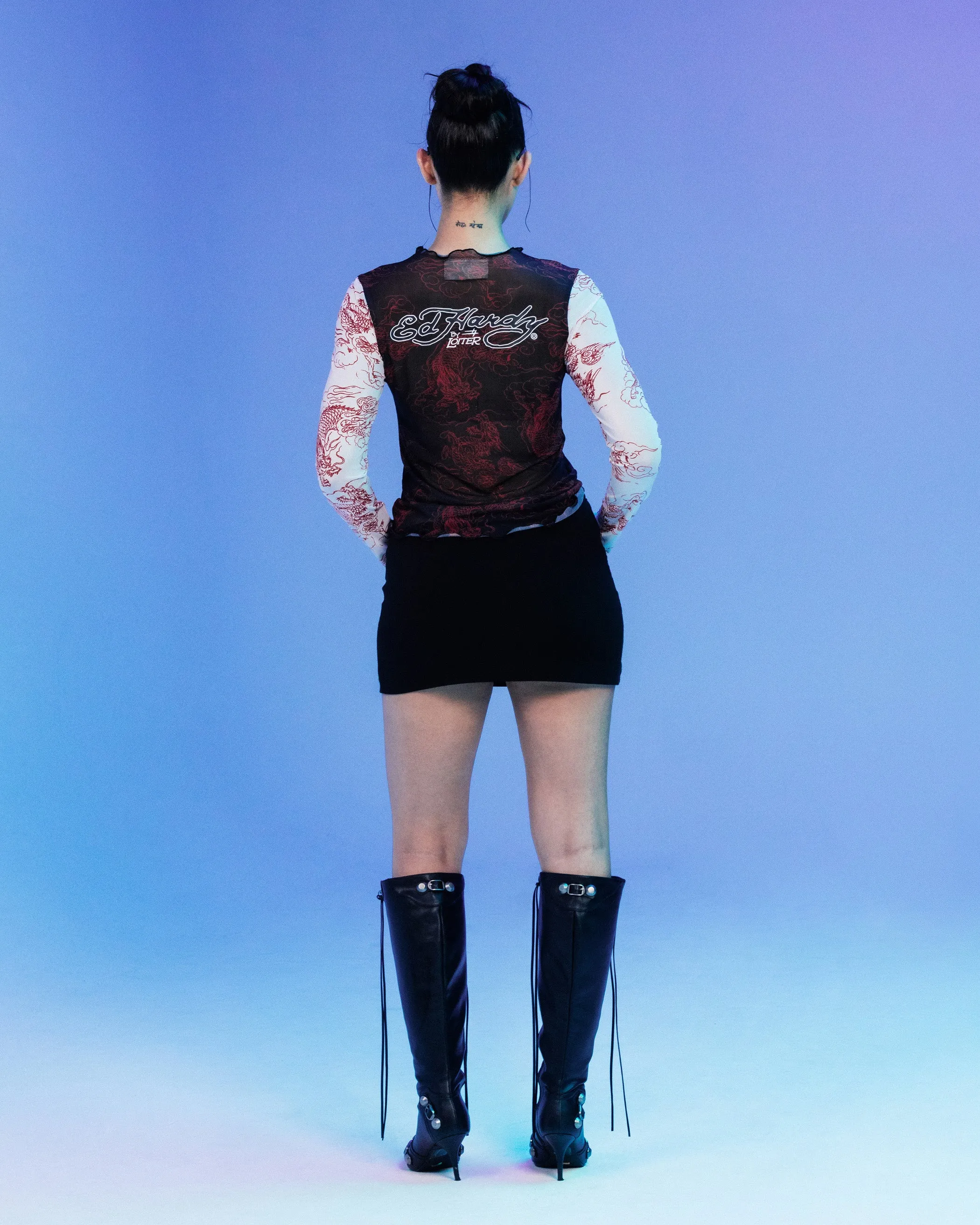 Ed Hardy By Loiter Women's Mesh Long Sleeve Top Black/White
