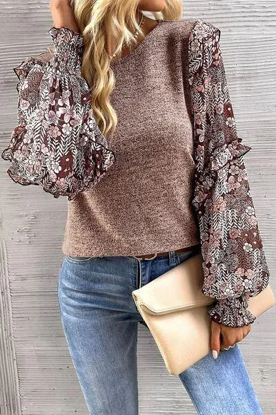 Effortless Warmth Frill Lantern Sleeve Floral Blouse