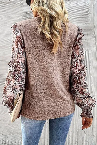Effortless Warmth Frill Lantern Sleeve Floral Blouse