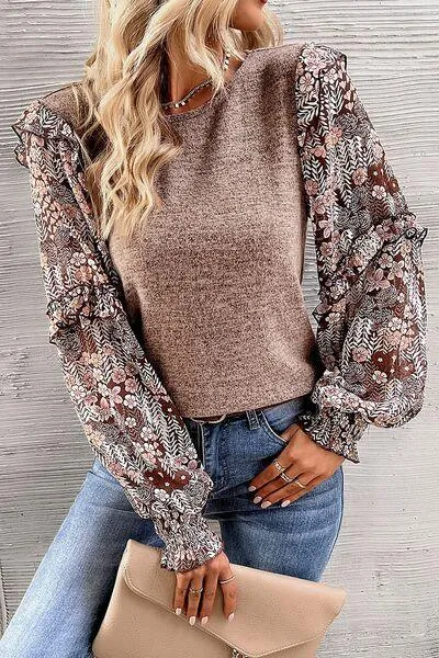 Effortless Warmth Frill Lantern Sleeve Floral Blouse