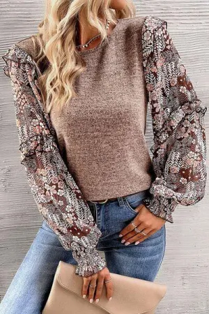 Effortless Warmth Frill Lantern Sleeve Floral Blouse