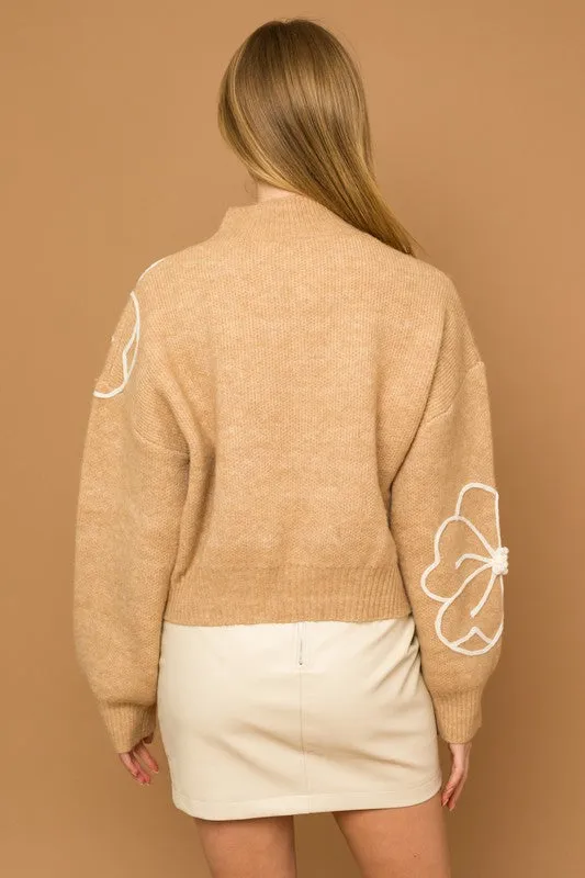 Flower Embroidery Mock Neck Sweater - ONLINE ONLY