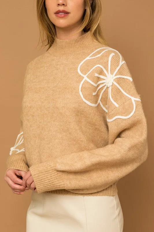 Flower Embroidery Mock Neck Sweater - ONLINE ONLY