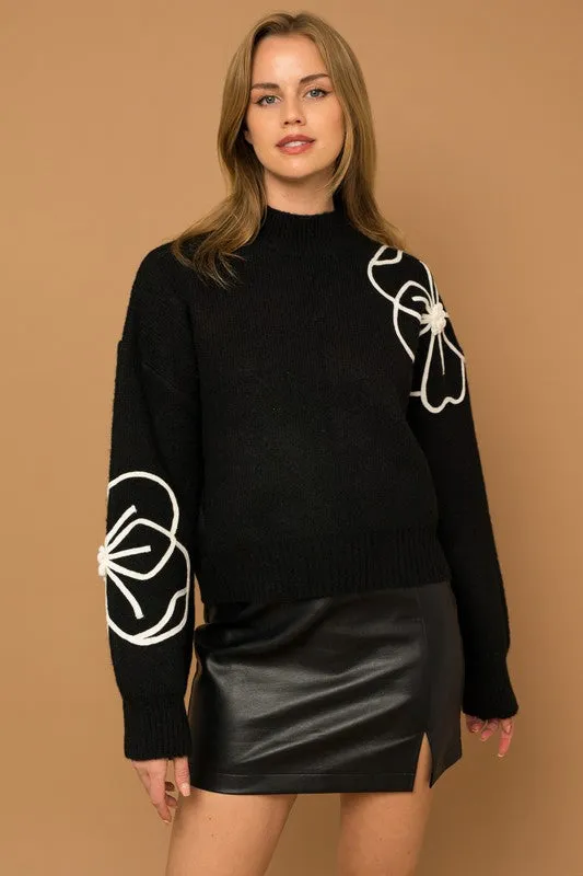 Flower Embroidery Mock Neck Sweater - ONLINE ONLY