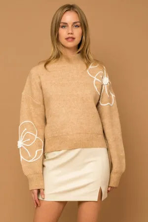 Flower Embroidery Mock Neck Sweater - ONLINE ONLY