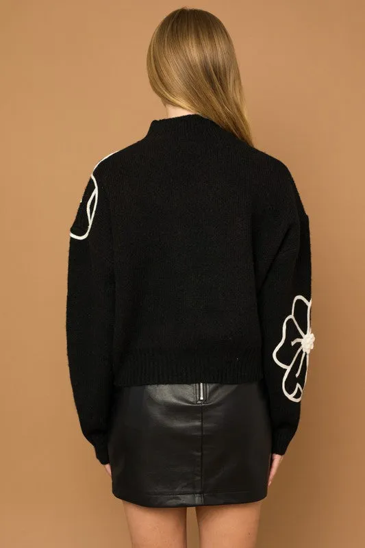 Flower Embroidery Mock Neck Sweater - ONLINE ONLY