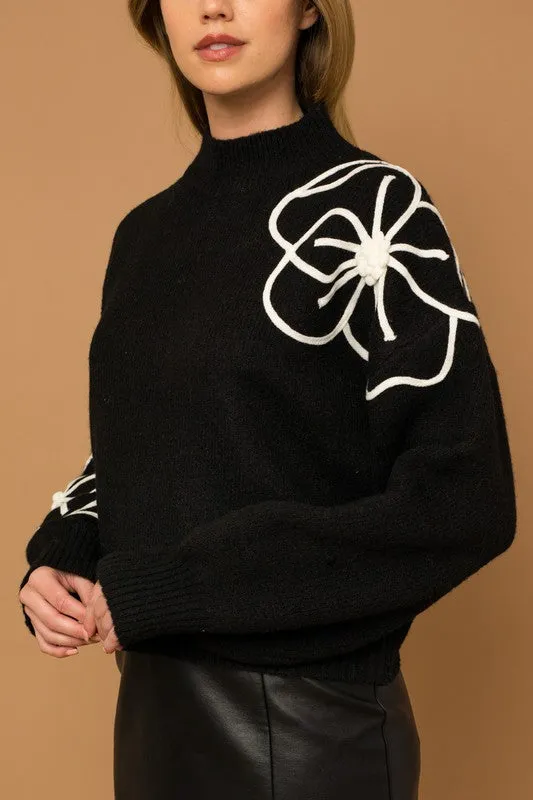 Flower Embroidery Mock Neck Sweater - ONLINE ONLY