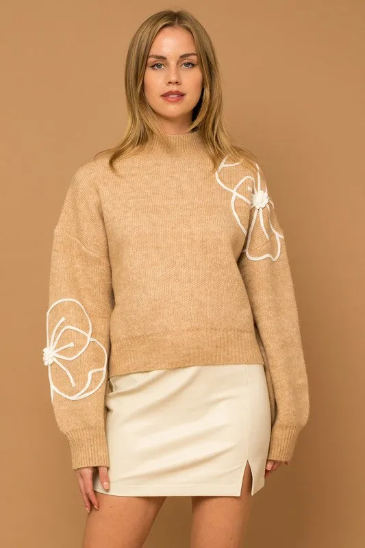 Flower Embroidery Mock Neck Sweater - ONLINE ONLY
