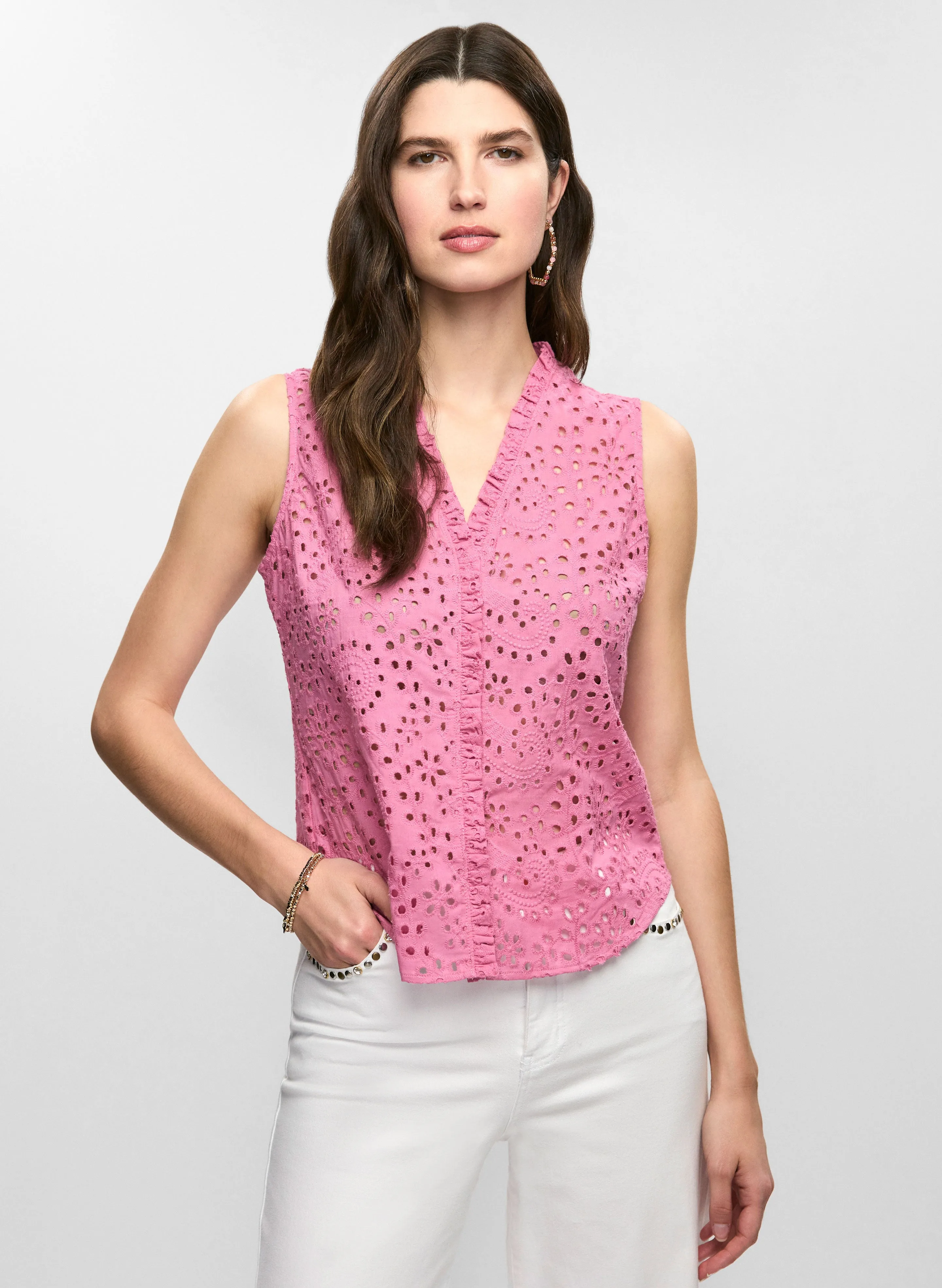 Frilled Sleeveless Eyelet Blouse