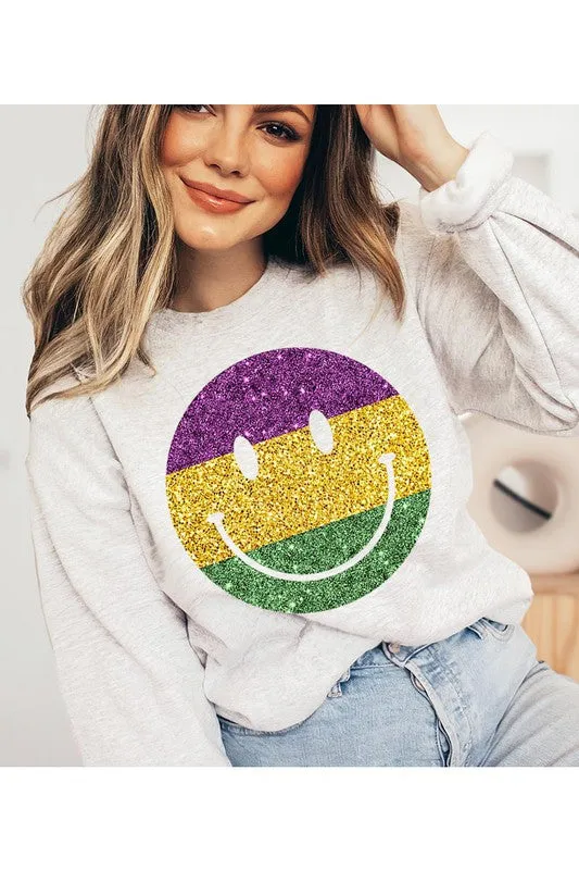 Happy Mardi Gras Smiley Face Graphic Sweatshirt