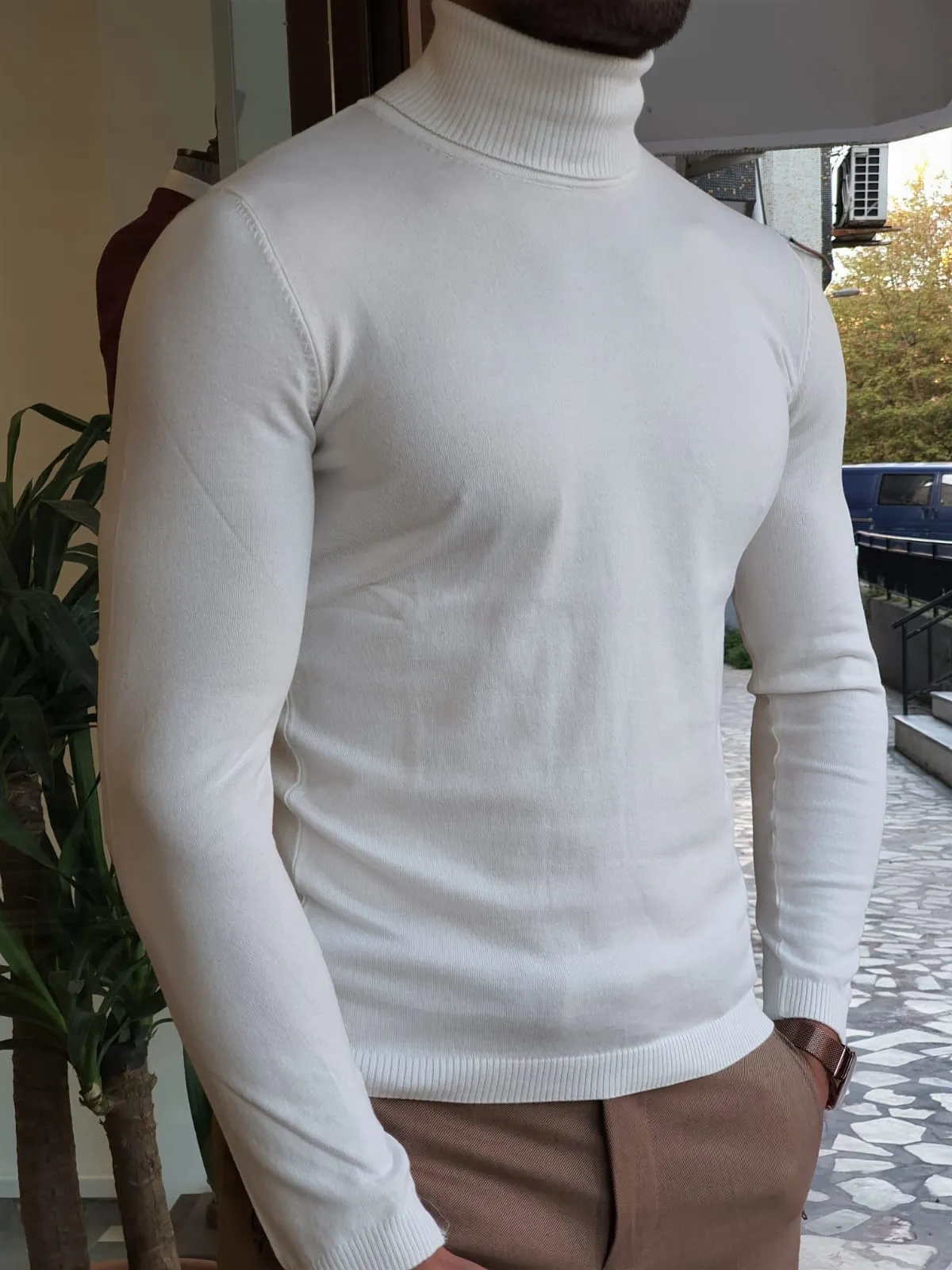Harrison Slim Fit Ecru Turtleneck Woolen  Knitwear