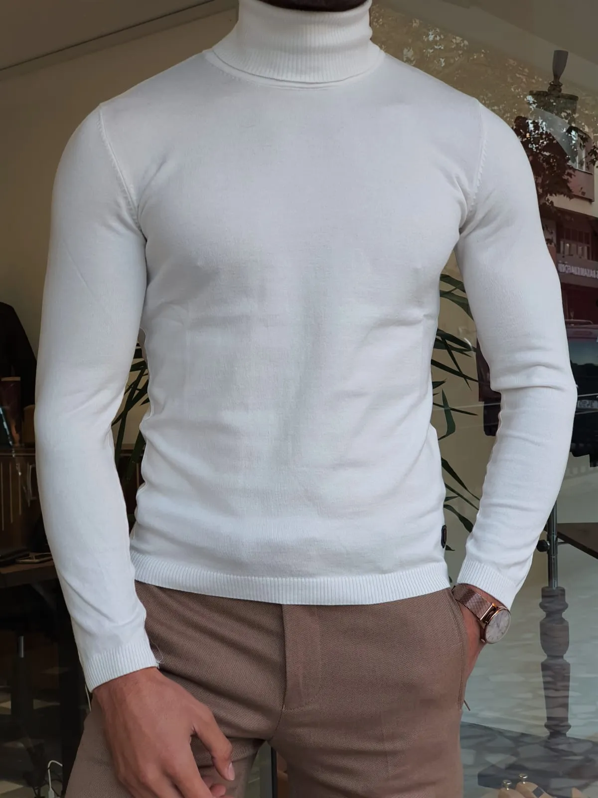Harrison Slim Fit Ecru Turtleneck Woolen  Knitwear