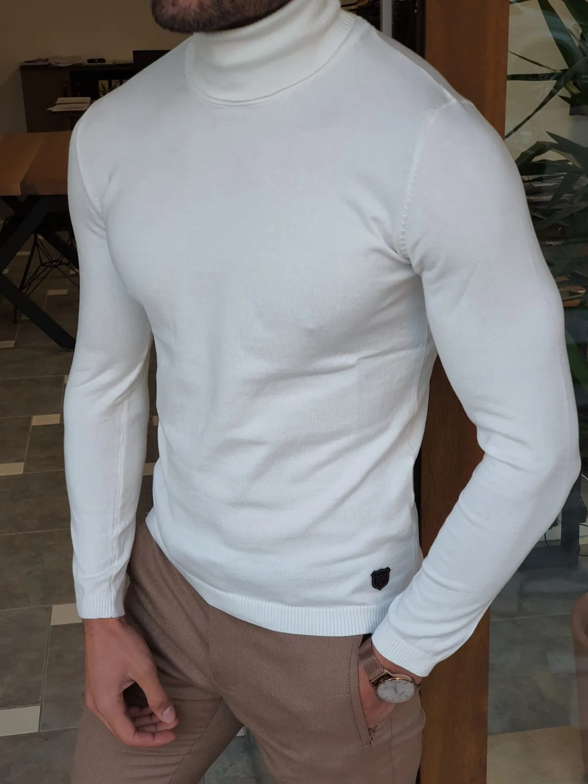 Harrison Slim Fit Ecru Turtleneck Woolen  Knitwear